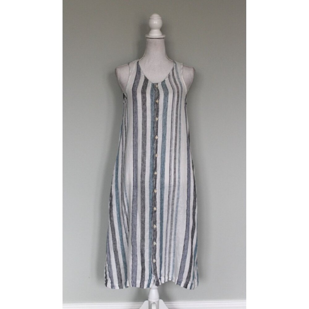 CP SHADES Darcy Button Down Dress 100% Linen White & Blue Striped, Size XS